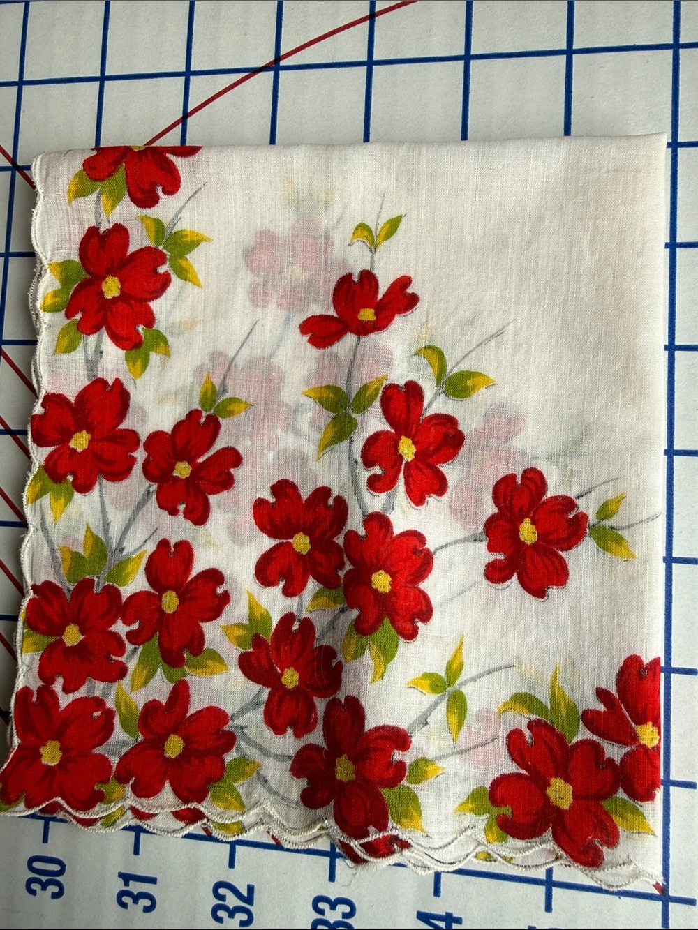 Vintage 1950s Red Floral Cotton Handkerchief White Center Scalloped Edge